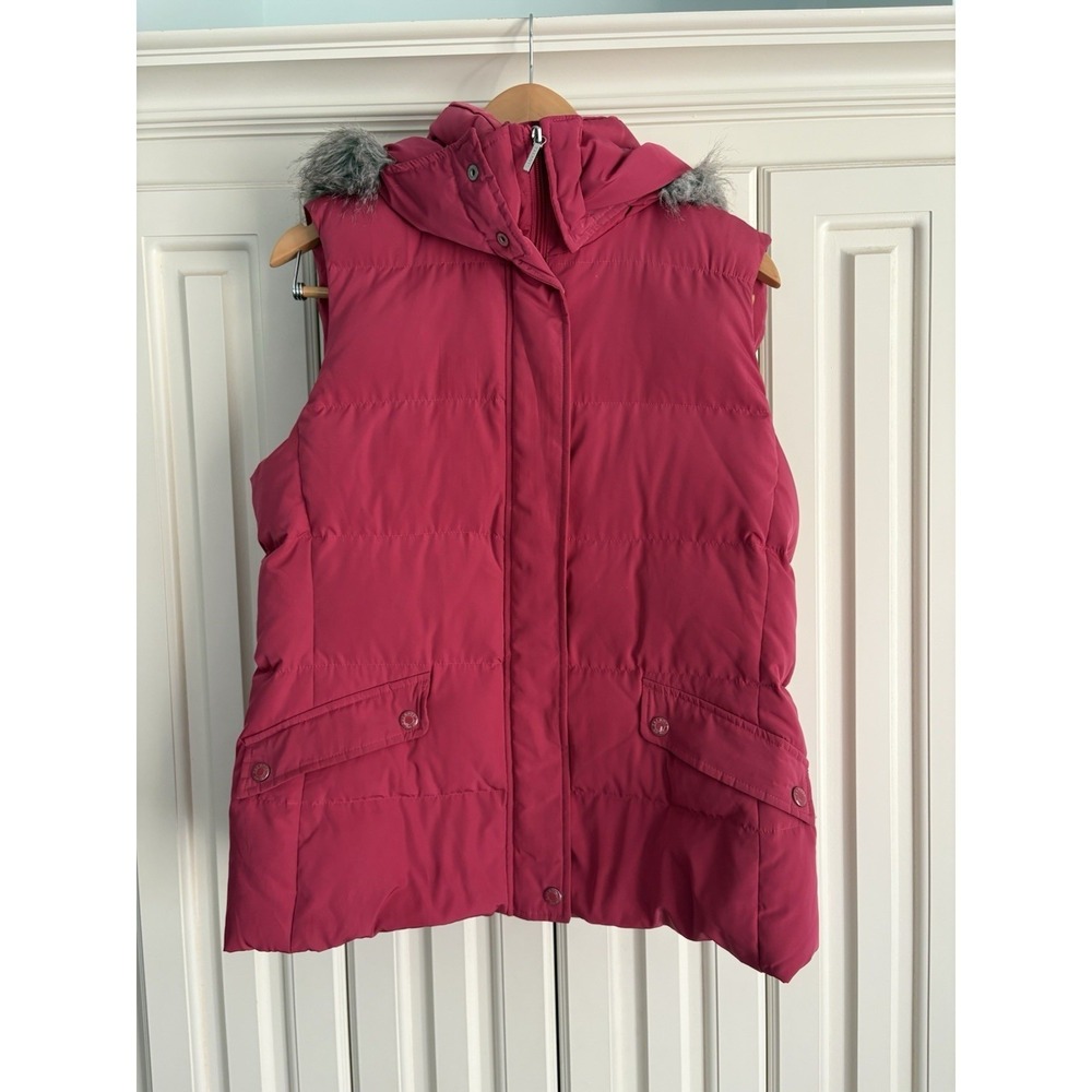 Talbots Pink Goose Down Puffer Vest‎ Faux Fur Trim Jacket Size Medium NWOT